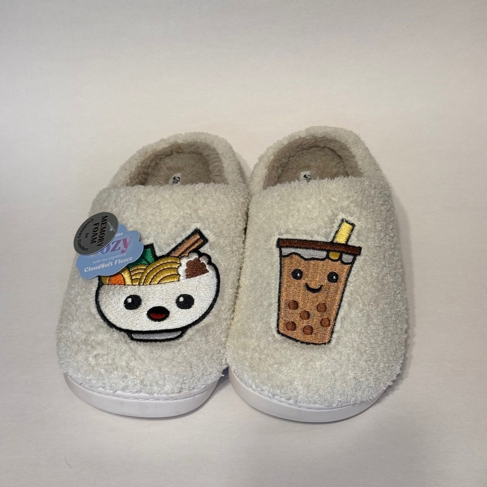 Women's Ramen and Boba Tea Memory Foam Slippers Cream Fleece NEW size L (9/10)